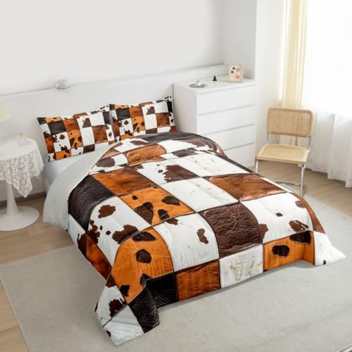 jejeloiu Rustic Cowhide Patchwork Bedding Set for Boys Girls, Leather Cow Print Comforter Set King Size Cow Fur Print Duvet Quilt Microfiber Farmhouse Country Bedroom Decor 3 Pcs with 2 Pillow Cases
