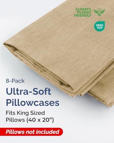 King Pillow Cases Set of 8 - Ultra Soft Pillowcase Covers - Heathered Tan