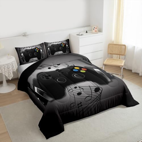 Gamer Comforter Set Full Size,Black Grey Headphones Musical Design Games Gamepad Bedding Set for Kids Boys Video Game Room Decor Retro Playing Gamer Down Comforter Gaming Controller Quilted Duvet Set