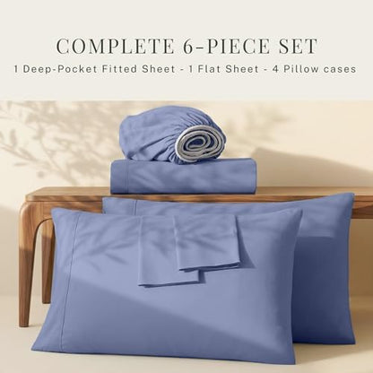Hearth & Harbor Extra Deep Pocket Sheets - Fits Mattress 18-24 Inches Deep - Extra Deep Pocket California King Size - 6 Piece Cal King Sheets - Cal King, Steel Blue