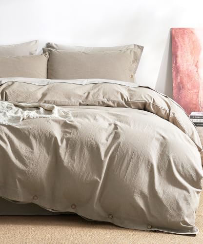 JELLYMONI 100% Washed Cotton Khaki-Beige Duvet Cover Full, Linen-Like