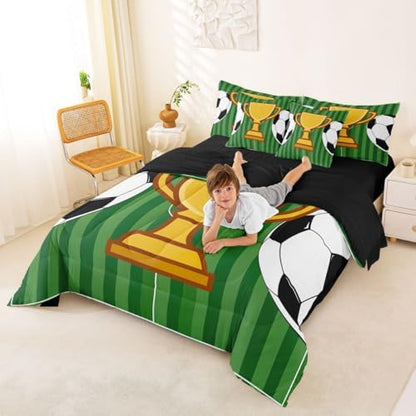 Erosebridal Soccer Gaming Boys Kids Football Court Green King 7-Piece Comforter Set | Sports Theme Playground Sheets and Pillowcases Ball Games Bed in A Bag Striped Geometric Bed Sets