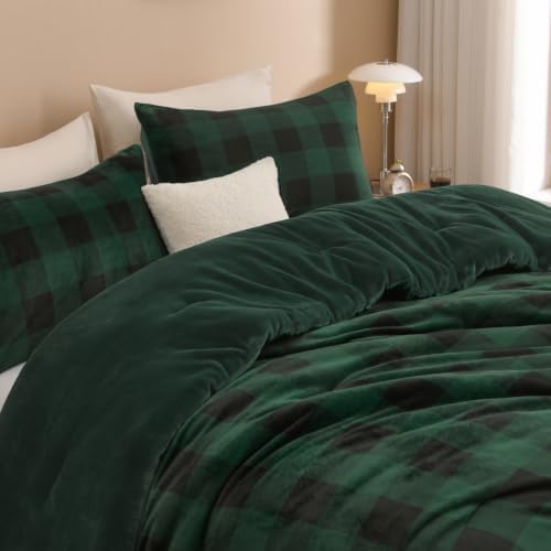 Litanika Velvet Flannel Plaid Comforter Set Twin, 3 Pcs Green Blanket