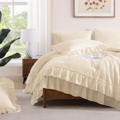 Full Comforter Set Whisper White Ruffle 7 Pieces Farmhouse Bed in a Bag
