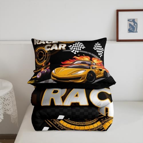Feelyou Kids Yellow Race car Comforter Set King Size Speed Sports Car Bedding Set Boys Girls Automobile Racing Car Quilt Set Extreme Sports Theme Bed Set