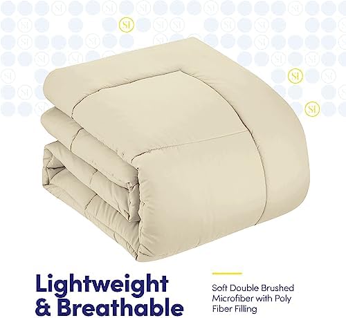 Sweet Home Collection 7 Piece Comforter Set Bag Solid Color All Season Soft Down Alternative Blanket & Luxurious Microfiber Bed Sheets, Beige, Full
