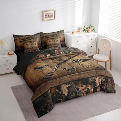 Erosebridal Rustic Farmhouse Bedding Sets 7 Piece Retro Camo Cabin Lodge Comforter Set Queen Hunting and Fishing Bed in A Bag for Boys Adults Men Wildlife Bear Deer Fish Duck Sheet Set with Comforter
