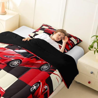 Erosebridal Red Racing Car Queen Comforter Set for Boys, Cool Speed Race Car Bedding Set for Kids Youth Men Teens Room Decor, Extreme Sport Comforter, Grid Buffalo Quilt, 3 Piece