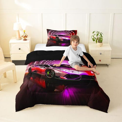 Feelyou Boys Sports Car Comforter Set Toddler Size Pink Racing Car Bedding Set for Kids Boys Girls Extreme Sports Duvet Quilt Automobile Bedroom Decor Microfiber 2 Pcs with 1 Pillow Cases