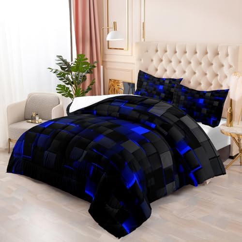 Nttopship Geometric Blue Black Comforter Set,Light Honeycomb 3 Piece Bedding Set King Size for Teen Boys,Modern Quilt Set Geometry Decor,Microfiber Lightweight 1 Comforter 2 Pillowcases All Season