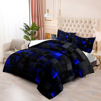 Nttopship Geometric Blue Black Comforter Set,Light Honeycomb 3 Piece Bedding Set King Size for Teen Boys,Modern Quilt Set Geometry Decor,Microfiber Lightweight 1 Comforter 2 Pillowcases All Season