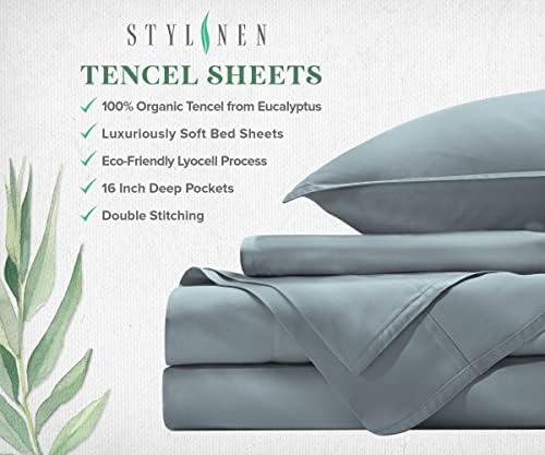 Stylinen 100% Organic Eucalyptus Bed Sheets Queen Size 4 Piece Set, Tencel Lyocell, Silky Soft & Smooth, Breathable, 16 Inch Deep Pockets, 1 Fitted, 1 Flat, 2 Pillowcases (Queen, Sky Blue)