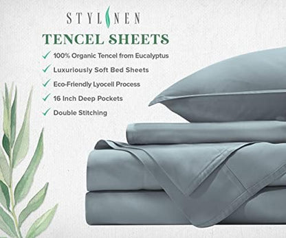 Stylinen 100% Organic Eucalyptus Bed Sheets Queen Size 4 Piece Set, Tencel Lyocell, Silky Soft & Smooth, Breathable, 16 Inch Deep Pockets, 1 Fitted, 1 Flat, 2 Pillowcases (Queen, Sky Blue)