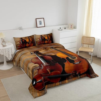 Erosebridal Guitar Bedding Set King Size Retro Cello Violin Duvet Quilt Sets Jazz Music Comforter Set Rustic Rock Musical Instrument Comforter for Kids Boys Girls Teens Retro Bedroom Decor 3 Pcs