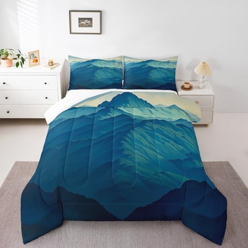 Mountain Comforter Set King Size,Nature Scenery Bedding Set for Kids Boys Girls Room Decor,Japanese Style Abstract Art Modern Duvet Insert 3Pcs,Minimalism Mountain Rustic Quilt Set,2 Pillowcases