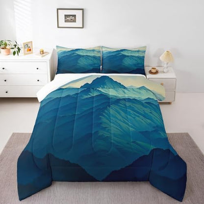 Mountain Bedding Set Full Size,Nature Scenery Comforter Set for Kids Boys Girls Room Decor,Japanese Style Abstract Art Modern Duvet Insert 3Pcs,Minimalism Mountain Rustic Quilt Set,2 Pillowcases