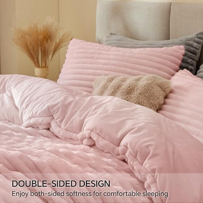 BEDELITE Fleece Full Comforter Set, Fluffy Bed Set, Pink