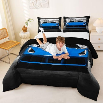 Feelyou Boys Blue Race Car Comforter Set Toddler Size Blue Luxury Car Bedding Set for Kids Boys Girls Extreme Sports Duvet Quilt Fast and Furious Bedroom Decor 2 Pcs with 1 Pillow Cases