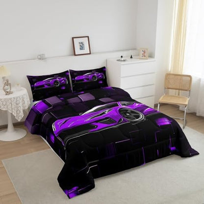 Erosebridal Kids Race Car Bedding Set Twin Size Purple Racing Car Comforter Set for Boys 2 Pieces Extreme Sports Theme Bedding Comforter Sets Abstract Plaid Grid Down Comforter Teens Bedroom Decor