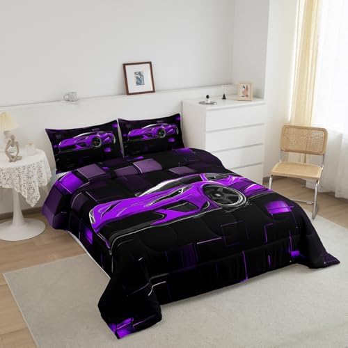 Erosebridal Kids Race Car Bedding Set Queen Size Purple Racing Car Comforter Set for Boys 3 Pieces Extreme Sports Theme Bedding Comforter Sets Abstract Plaid Grid Down Comforter Teens Bedroom Decor