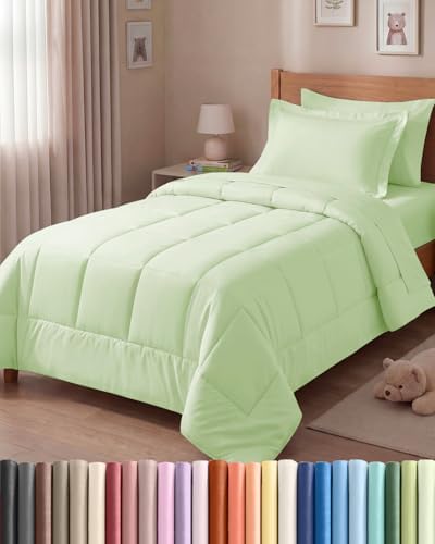 Twin Comforter Set - 5 Piece Bed in a Bag Twin Size - Light Sage Green