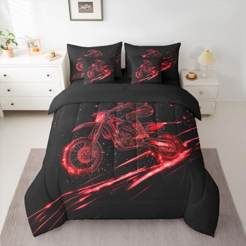 Feelyou Red Neon Dirt Bike Comforter Set Full 7 Pieces Motocross Bedding Set for Boys Girls Line Art Design Bed in a Bag Speed Racing Room Decor Extreme Sports Pattern Quilted Soft Lightweight
