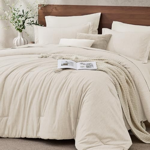 JOLLYVOGUE Beige Full Comforter Set, Cationic Dyeing Bed in a Bag Full 7 Pieces, Double-Tone Bedding Set with Down Alternative Comforter, Sheets, Pillowcases & Shams