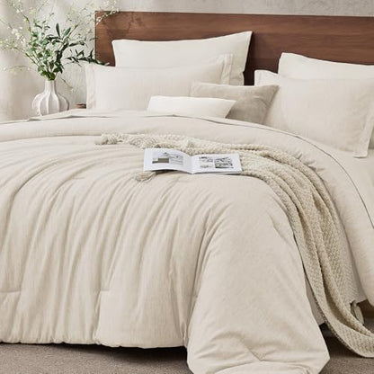 JOLLYVOGUE Beige Full Comforter Set, Cationic Dyeing Bed in a Bag Full 7 Pieces, Double-Tone Bedding Set with Down Alternative Comforter, Sheets, Pillowcases & Shams