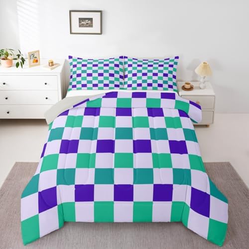 Checkered Geometric Kids Comforter Set Queen Size Teal Blue Purple Plaid Bedding Set Checkerboard Modern Aesthetic Duvet Quilt for Kids Boys Girls Bedroom Reversible Grey Decor