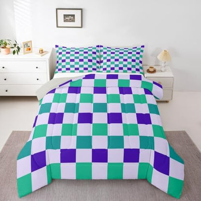 Checkered Geometric Kids Comforter Set Queen Size Teal Blue Purple Plaid Bedding Set Checkerboard Modern Aesthetic Duvet Quilt for Kids Boys Girls Bedroom Reversible Grey Decor