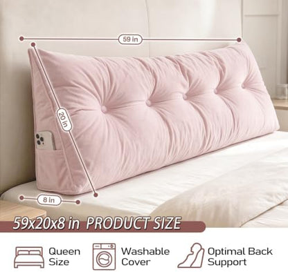 Wedge Headboard Pillow for Back Support, Removable Cover (Pink, Queen)