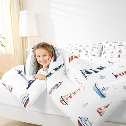 Lighthouse Comforter Set King Size,Nautical Anchor and Boat Rudder Quilted Duvet Kids Boys Undersea Adventure Bedding Set 3pcs for Teens Men Room Decor Modern White Duvet Insert,2 Pillowcases