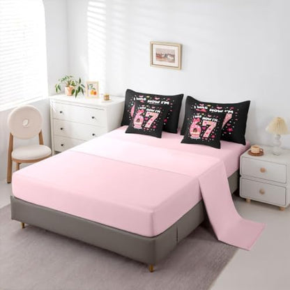 Erosebridal Kids 67 Number Print Twin Comforter Set 7 Piece Cute Pink Kawaii Bedding Set for Girls Princess Bedroom Decor,Girly Trendy Six Seven Bed in A Bag Love Heart Bow Bed Set,Pink Black
