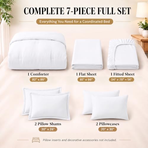 CozyLux Full Size Comforter Set White, 7 Pieces Bed in a Bag