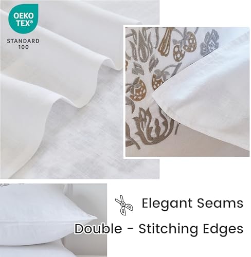 Simple&Opulence 100% Linen Euro Shams 26'' x 26'' Pack of 2, Embroidery Rosefinch Design Natural Flax Farmhouse Decorative Square Throw Pillow Covers for Bed Couch Sofa - White