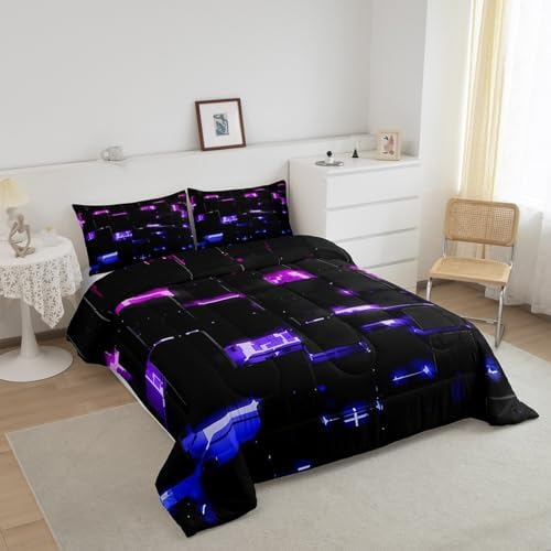 Feelyou Black Pink Purple Square Ombre Comforter Set King Size Kids 3D Rendering Abstract Art Comforter for Boys Girls Teens Modern Fashion Bedding Set Stripes Duvet Set