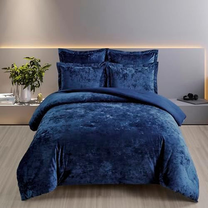 Fredsure Distressed Velvet Comforter Set, 5 Pieces Navy King, Distressed Velvet Face and Brushed Microfiber Reverse