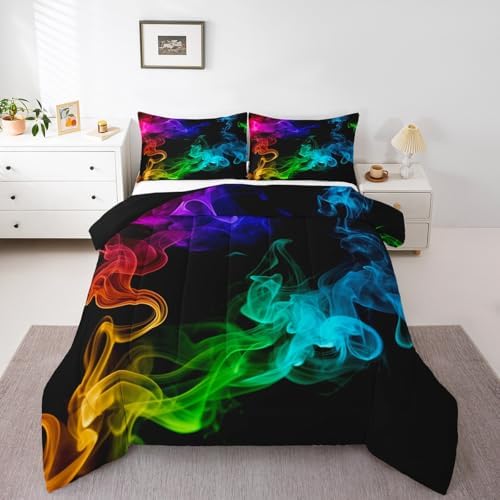 Erosebridal Psychedelic Smoke Comforter Set King,Rainbow Smoke Bedding Set Trippy Smoky Down Comforter for Kids Boys Girls Teens,Abstract Grunge Teal Blue Quilt Duvet Set Bedroom Decor 3 Pcs