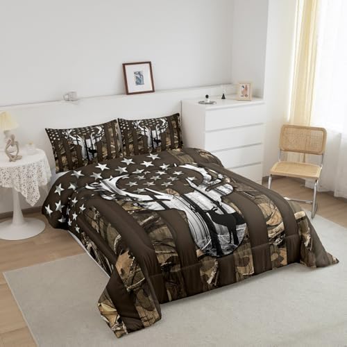 Camo American Flag Full Size Comforter Sets for Kids,Deer Antlers Brown Camouflage Bedding Flags for Room Teens,Wild Animal Hunting Farm Branches Leaves Stars Stripes USA Flag Down Comforter