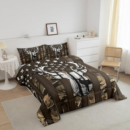 Camo American Flag Full Size Comforter Sets for Kids,Deer Antlers Brown Camouflage Bedding Flags for Room Teens,Wild Animal Hunting Farm Branches Leaves Stars Stripes USA Flag Down Comforter