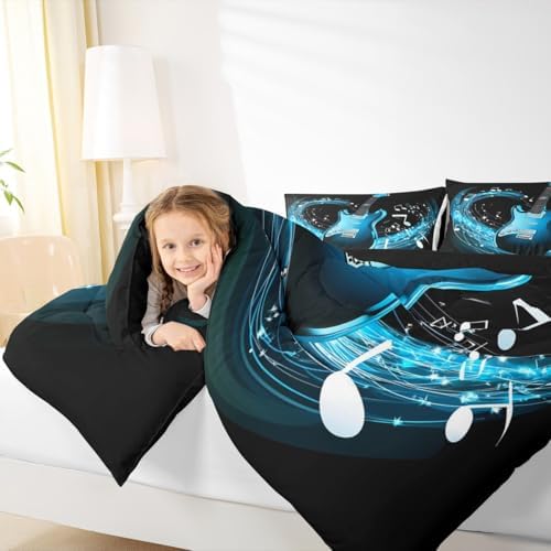 Erosebridal Guitar Comforter Set Twin,Blue Music Notes Down Comforter Rock Musical Bedding Set for Kids Boys Girls Teens,Cool Electric Instrument Hiphop Hippie Quilt Duvet Set 1 Pillow Case Black