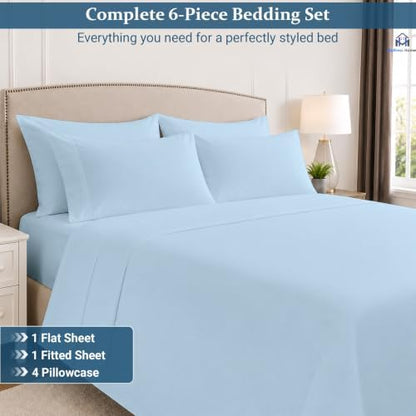 Mattress-Homes Premium Collection, 7 PC Split Sheet Set, 100% Egyptian Cotton Crisp Fits Mattress Up to 18" DEEP Pocket, King Size, Machine Wash, Extra-Soft Breathable Sheets in Light Blue Solid