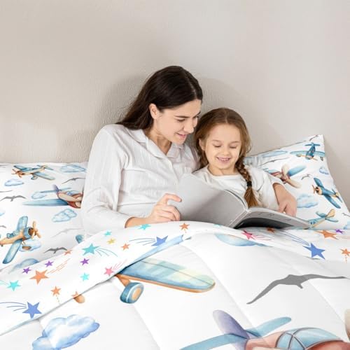 Erosebridal Boys Cartoon Propeller Plane King Size Comforter Set, Aircraft Airplane Bedding Set, Blue Clouds Comforter for Kids Child Girls Adults Bedroom, Flying Birds Animals Duvet Insert