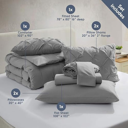 Nestl 9 Piece King Comforter Set – Grey Pinch Pleated Bed in a Bag – Complete King Size Bedding Set with Sheets, Set of 2 Cooling Pillows, Pillowcases and Shams