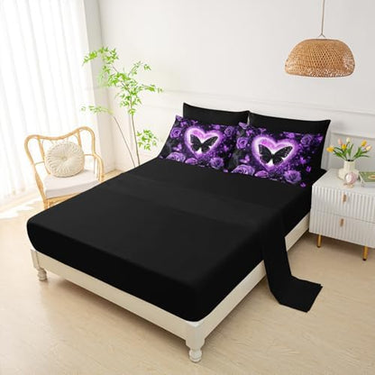 QOOMO Purple Butterfly 7 Pieces Comforter Set Queen Size,Rose Bedding Set