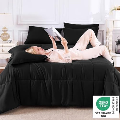 CozyLux Super King Plus Comforter Set, 7-Piece Bed in a Bag, Black