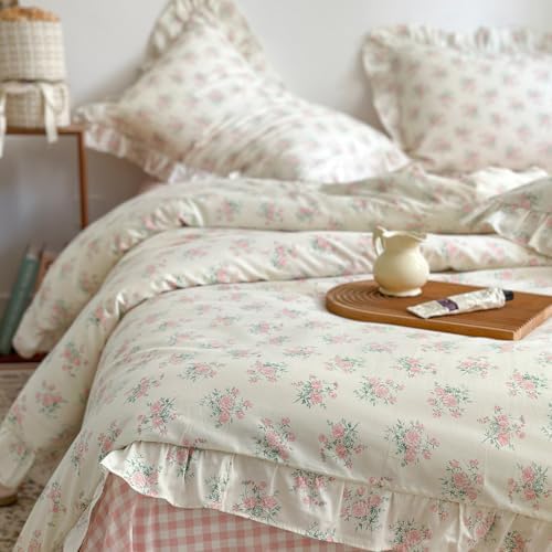 mixinni Pink Floral Duvet Cover Set Twin XL Size - 100% Cotton Ruffle Lace Bedding Set for Girls, Romantic Cottagecore Style Duvet Cover with Zipper Closure, Soft Aesthetic Princess Bedding-Twin XL
