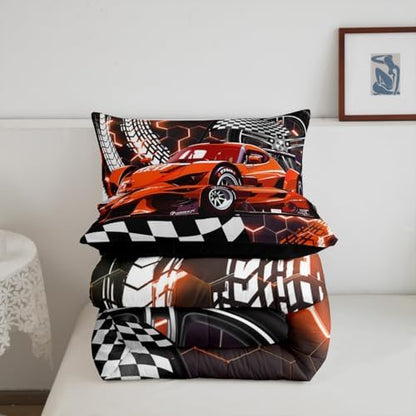 Toddler Race Car Bed,Orange Neon Lights Honeycomb Twin Bedding Set for Boys Cool Sports Car Glitter Beehive Geometric Hexagon Comforter Set,Black White Grid Lattice Quilt Buffalo Plaid Decor