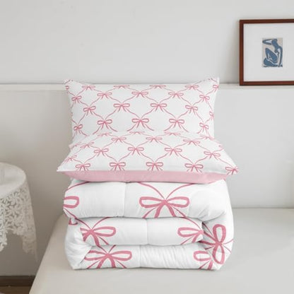 Manfei Pink Bow Comforter Set King Size, Cute Bowknot Geometric Lattice Patchwork Bedding Set 3pcs, Princess Kawaii Bow Tie Down Comforter for All Season, Kids Girls Room Decor, 2 Pillowcases