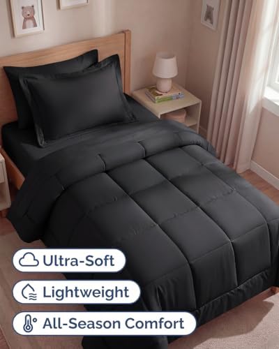 Twin Comforter Set - 5 Piece Bed in a Bag Twin Size Bed Set, Soft - Black